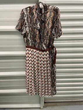 Eva Mendes New York & Company Faux Wrap Snake Print Pleated Midi Dress Size Larg